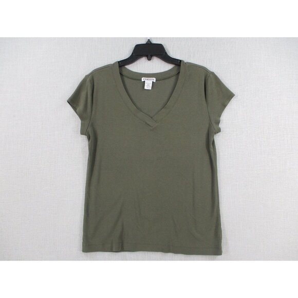 Chicos Olive Green V-Neck Cotton Blend Short Sleeve Top Size 1 - Picture 2 of 8